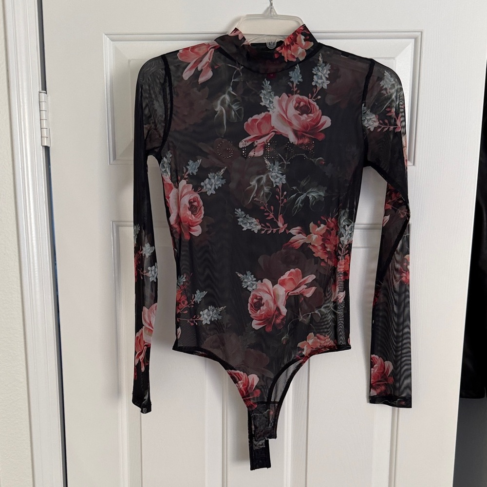 Guess Black and Pink Floral Bodysuit